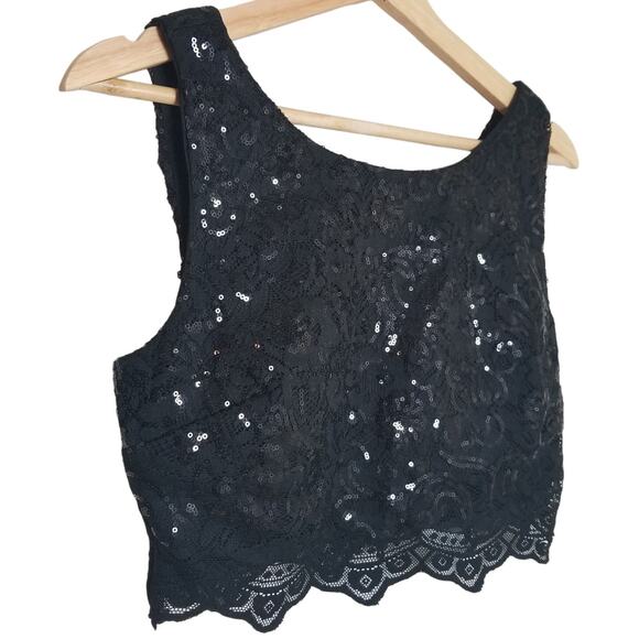 City Studio Lace Crop Top Sequins Sz 5 Black Whimsygoth Statement Club Party Fun - Picture 6 of 8